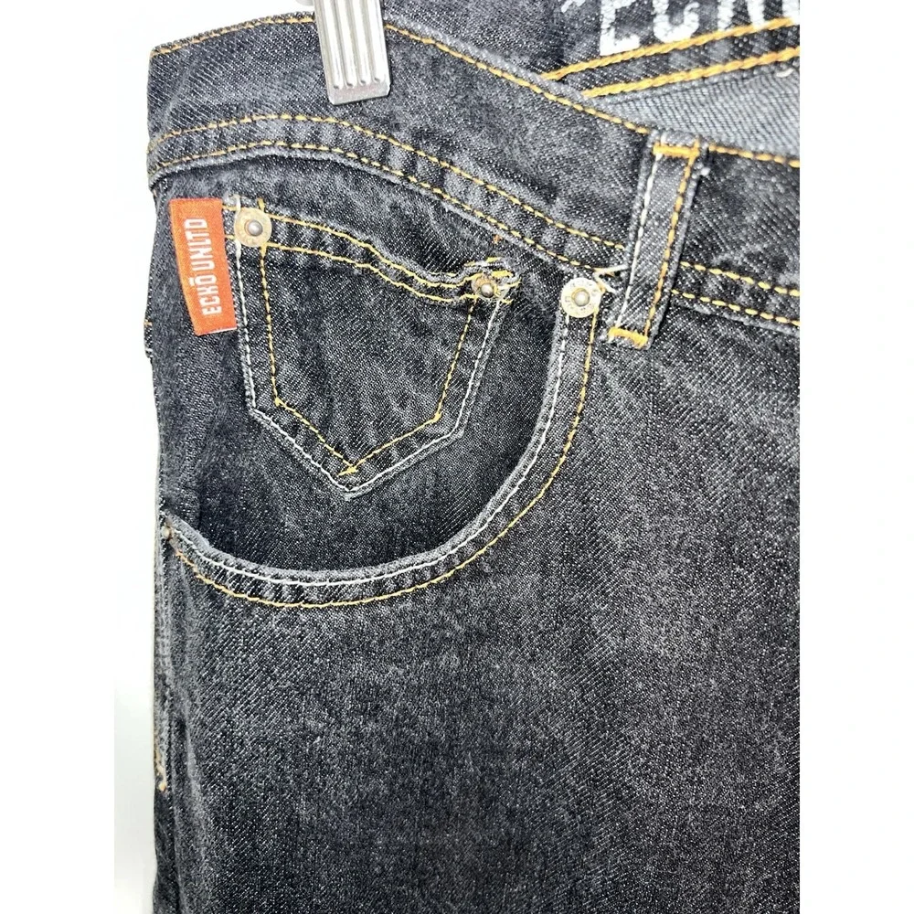 Ecko Unltd Vintage Y2K Black Baggy Skate Jeans 32x32 Embroidered Rhino Contrast